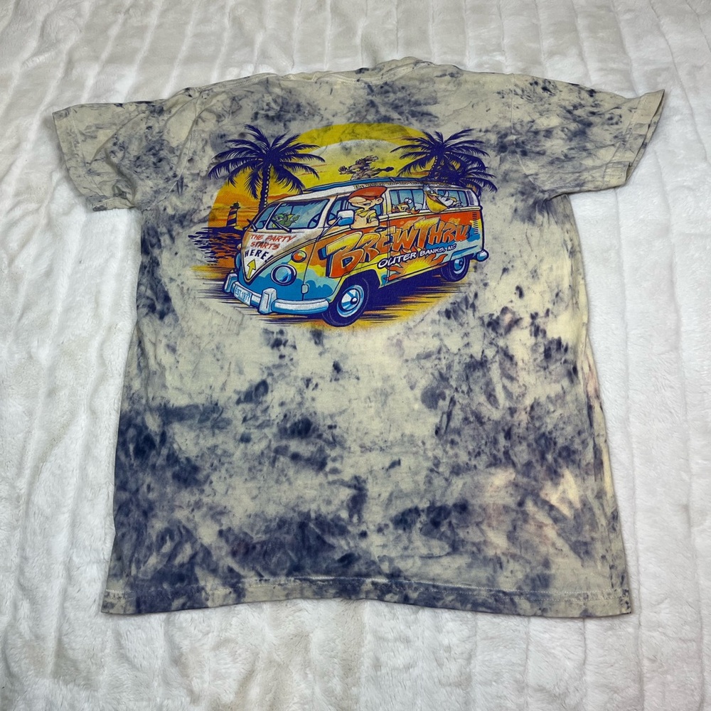 Brew Thru Adult Unisex S OBX Tan Blue Bleach Dye Upcycled Outer Banks Beach Tee